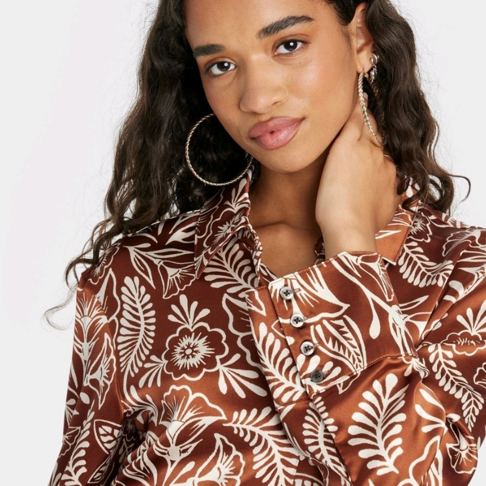 Latino Heritage Month Women's Long Sleeve Button-Down Shirt - Brown M - Picture 3 of 16